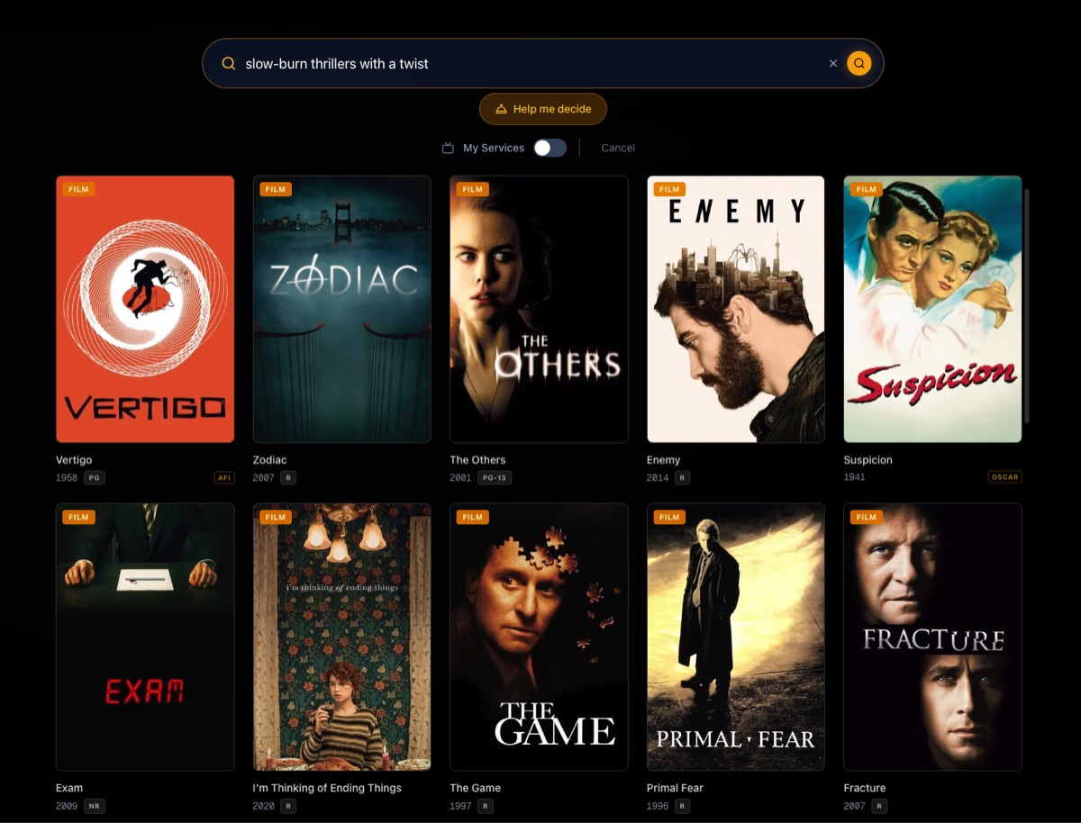 Marquee search results for “slow-burn thrillers with a twist”: Vertigo, Zodiac, The Others, Enemy, Suspicion and more