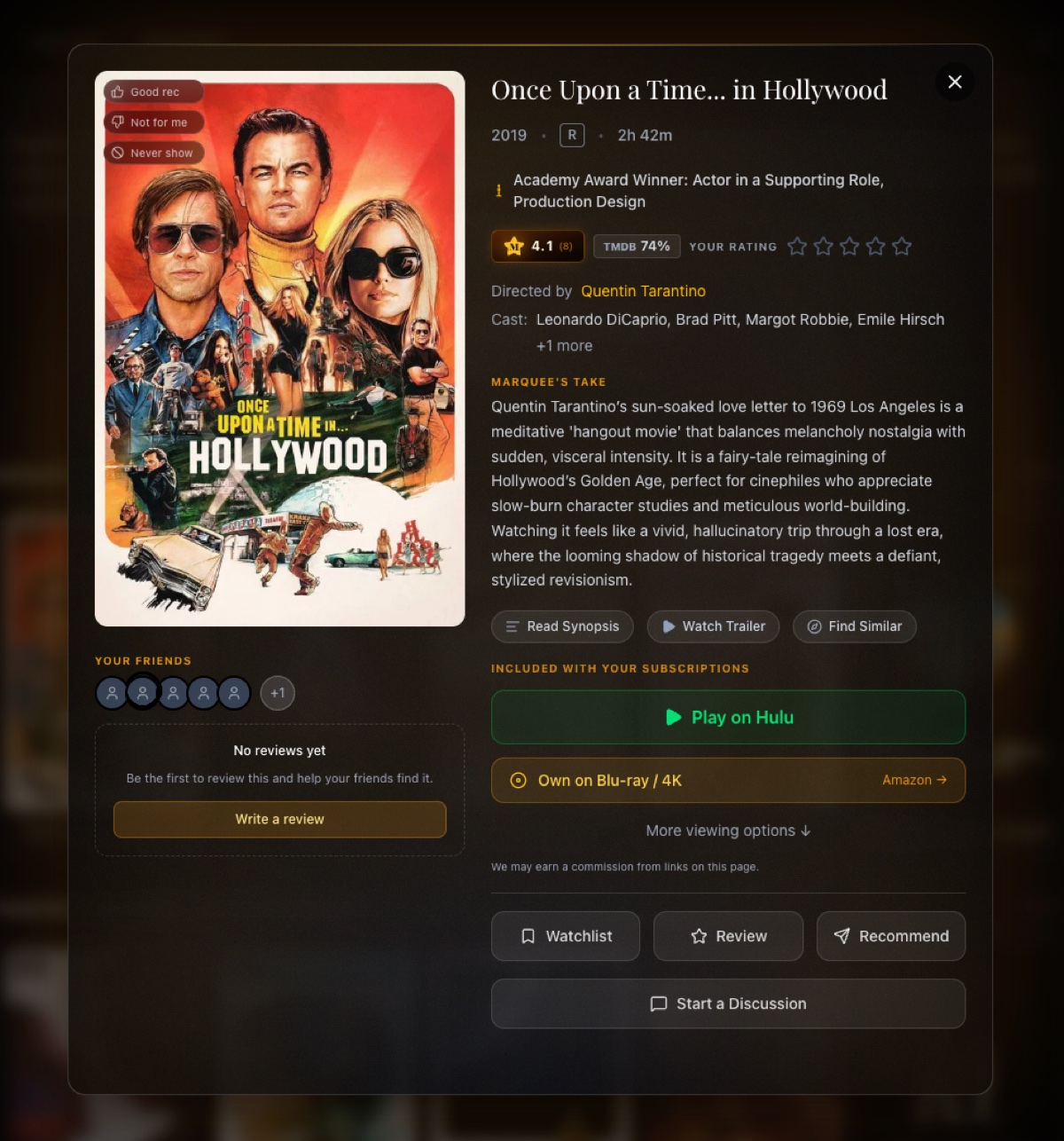 Marquee's title card for Once Upon a Time in Hollywood with Marquee's Take, a row of friends who have seen it, community and TMDB scores, and a Play on Hulu button