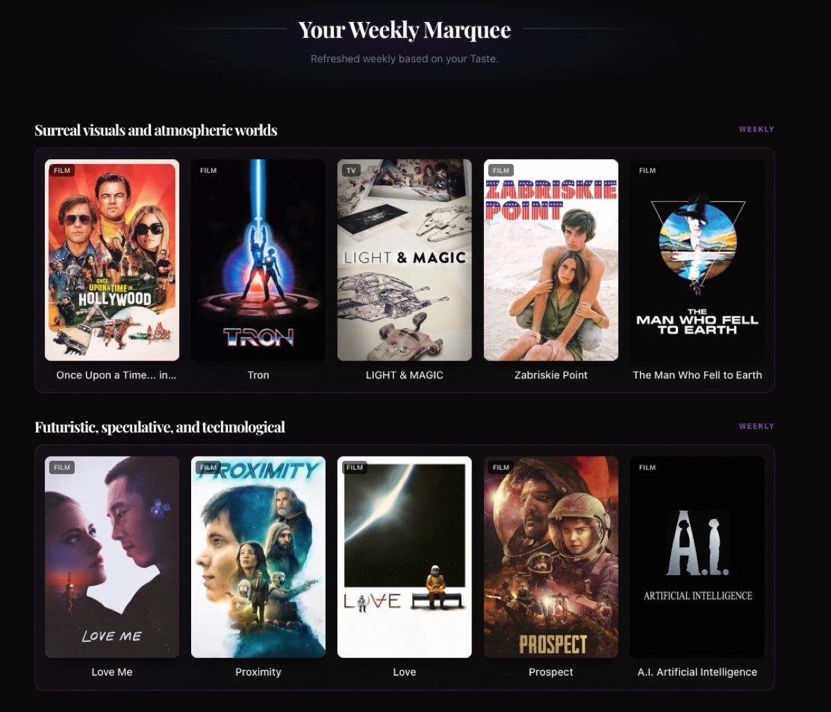 Your Weekly Marquee: themed rows such as “Surreal visuals and atmospheric worlds” and “Futuristic, speculative, and technological”